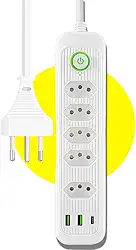 Extensão Tomada Régua Elétrica 5 Tomadas, 2 entradas USB, 1 Porta USB Tipo-C, Cabo de Alimentação de 3 metros, Suporte a Tensão de 110-220V Filtro de Linha Bivolt Potência de 2500W (Branco)