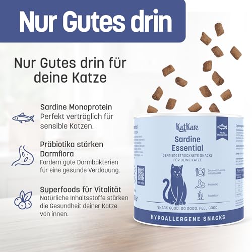 KatKare Hypoallergene Gefriergetrocknete Katzensnacks für empfindliche Katzen - Monoprotein Katzen Leckerlis Getreidefrei, ohne Zusatzstoffe, Monoprotein Proteinquelle - Sardine Essential - 70g