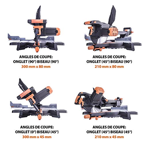 Evolution Power Tools Scie à Onglet Coulissante avec des Caractéristiques PLUS - 0-45˚ Biseau, 50-50˚ Onglet - Coupe Multi-Matériaux - Le Bois, Le Plastique, Le Métal Lame Incluse 255mm - R255SMS+ – Image 4