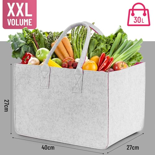 Sinand 30L Einkaufskorb, Einkaufstasche mit Henkel, Robust/Gut Verarbeitet/Faltbar Die Filztasche Storage für Outdoor Trips, Picknick, Einkaufen Außen (Dunkelgrau - Rosérot)