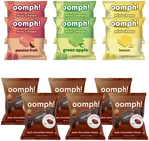 Oomph! Sweets Low Sugar 6-pack Fruit Variety Mini Candy Chews and 6-Pack Regular Dark Chocolate Cocoa Chews Keto-Friendly Vegan Healthy Gluten Free, Treat for Kids and Adults