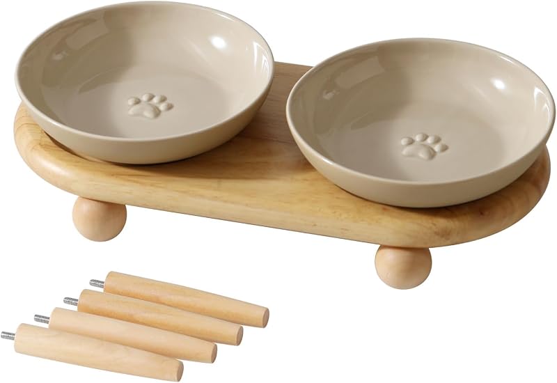 Havniva Elevated Cat Bowls, Cat Food and Water Bowl Set, Ceramic Cat Bowl | Raised Cat Food Bowls, Whisker Friendly, 5.6” Shallow Cat Dishes, Wide Cat Plates, Non-Slip Wood Stand, Two Heights