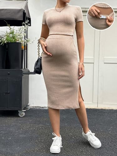 Beaudrm Women'S 2 Piece Maternity Round Neck Ribbed Knit Crop Top Tee And Adjustable Waist Split Thigh Midi Skirt Sets Khaki Large thumb #1
