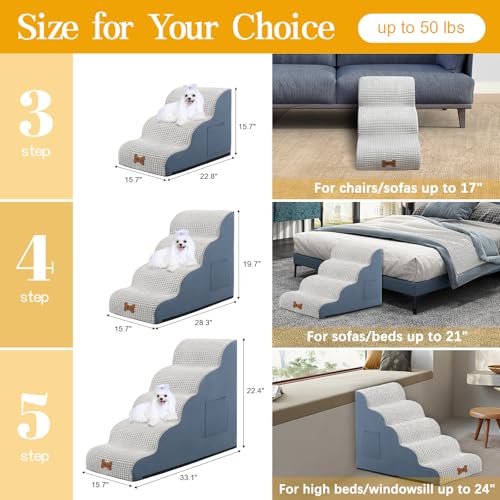 POCBLUE Dog Stairs for Small Dogs 15.7" H, Wide Pet Step for Couch/Sofas/Chairs, Curved Pet Ramps for Small Dogs & Cats with High-Density Foam and Washable Cover, 3-Step, Grey - Image 3