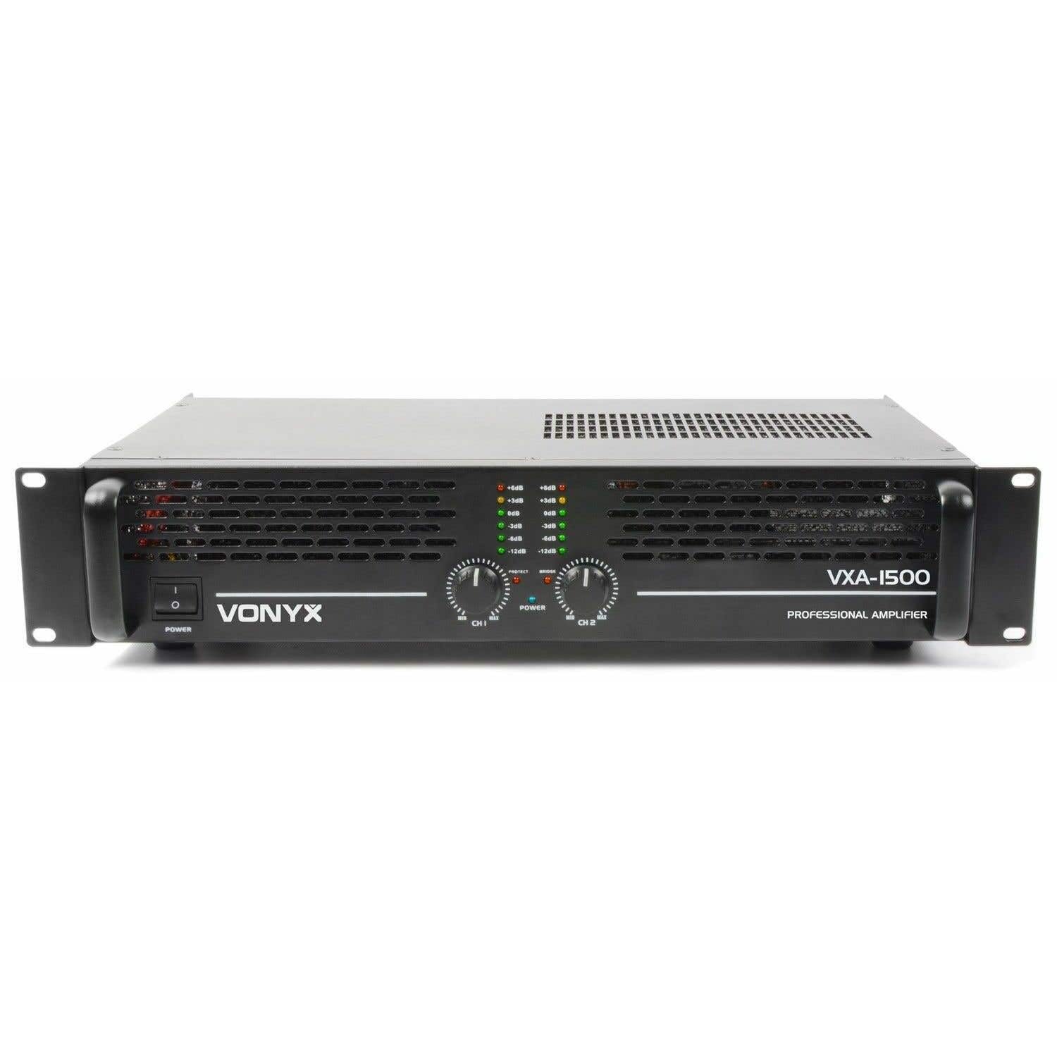 Vonyx VXA- 1500 - Amplificador profesional, 2x 750 vatios, conexión puente, amplificador estéreo ideal para DJ, disco móviles, bares clubs y eventos. Montaje en Rack de 19"