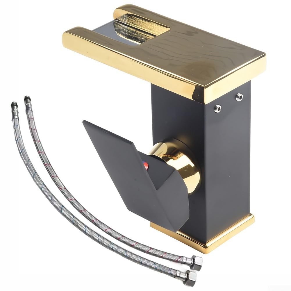 SOHNVWTGD LED Waterfall Faucet, Deck Mounted Washbasin Tap, Beautiful Illumination (Black+Gold)
