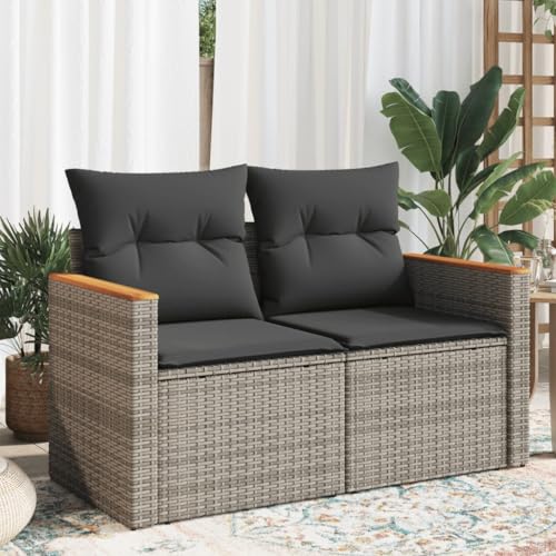 Myheimly Gartensofa 2-Sitzer mit Kissen Grau Poly Rattan mit Stauraum Sofa mit Staufach unter Sitzfläche, Terrassensofa mit abnehmbarem waschbarem Bezug, Gartenmöbel Sofagarnitur