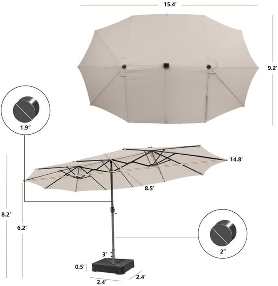 Pemberly Row Outdoor 15FT Double-Sided Patio Umbrella, Beige Vented Polyester Canopy, Solar-Powered 48 LED Lights, Sturdy 12-Rib Metal Frame, Hand-Crank Mechanism, Garden or Poolside Use