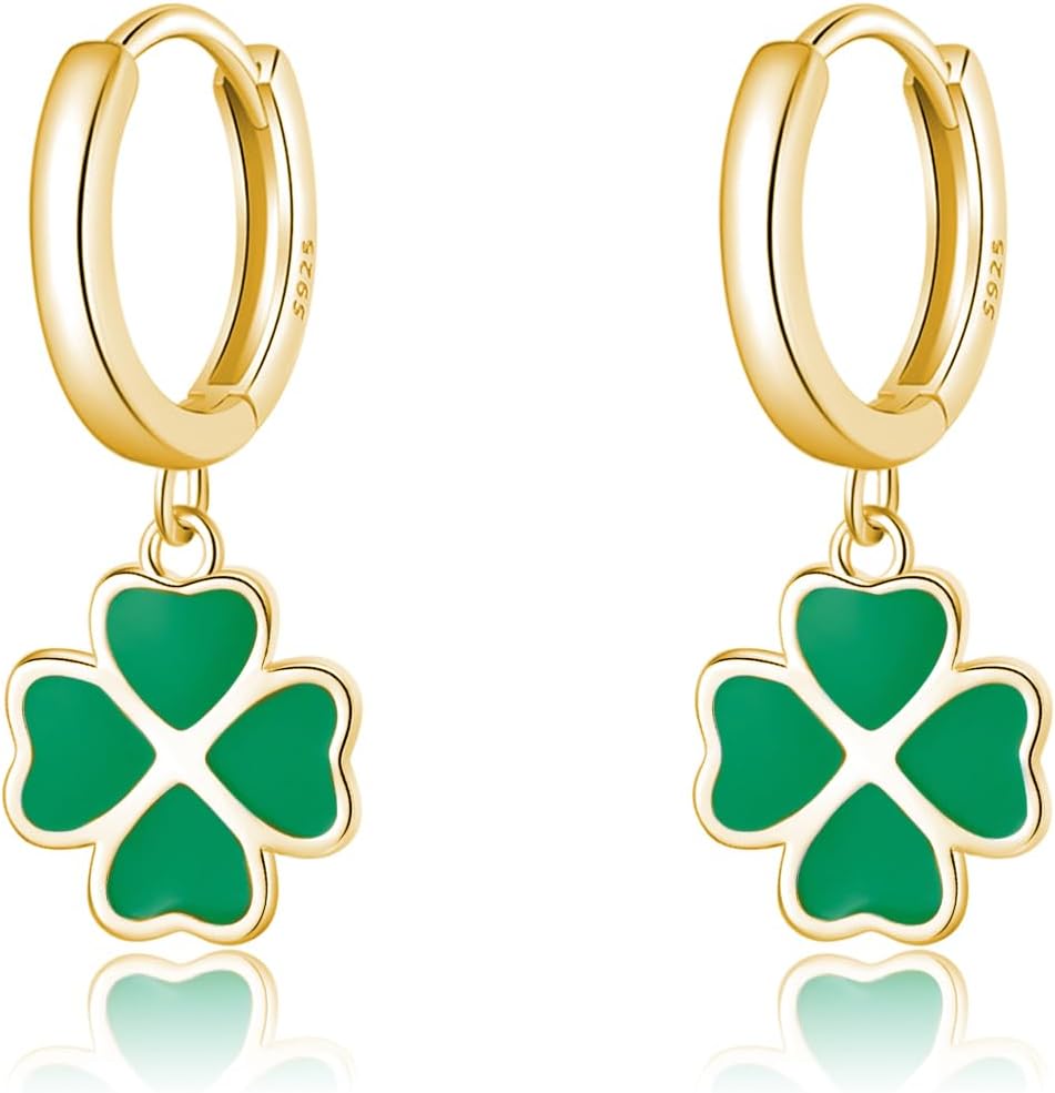 SLUYNZ Solid 925 Sterling Silver Green Clover Earrings Hoop for Women Teen Girls Love Four Leaf Clover Hoop Earrings Huggie for Spring Summer