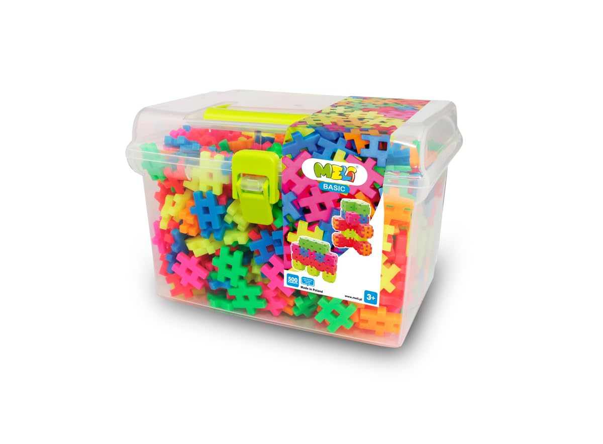 Meli Minis Neon Basic Travel Box Set - 500 bloques de construcción, juguetes creativos para niños a partir de 3 años, colores neón, escala 1:1, instrucciones de 37 x 23 cm, sin BPA, certificado CE