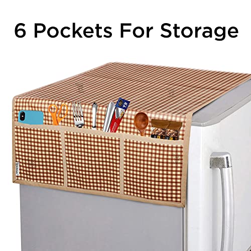 Image of Polyester Fridge Top Cover with Side Pockets & Set of 4 Refrigerator Mats | 3-Layered Washable Dustproof Kitchen Covers (Check Brown, Cover:- 39x21 Inch, Mat:- 17.5x11.5 inch)