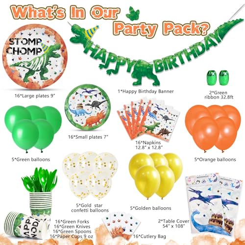 Watercolor Dinosaur Party Supplies - Dino Theme Birthday Party Decoration for Boys Birthday Banner Balloons Plates Cups Napkins Cutlery Bag Table Cover Tableware Utensils Serves 16 Guests 153 PCS - Thumbnail 2