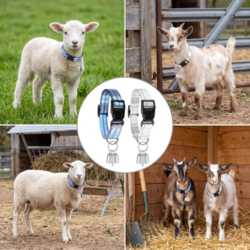 Image of 2 Pack Goat Collars with Bells, Sheep Grazing Copper Bells and Adjustable Nylon Collar Set Loud Bronze Bell Small Farm Animal Sheep Cow Accessories(Blue, White,Plaid Pattern)