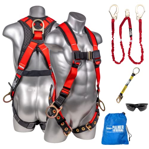 Palmer Safety Ateret Fall Protection Harness Kit I 5Pt Full Body, 6' Double Lanyard, 18'' D-Ring Extender Dorsal & Sides Osha Ansi Compliant Personal Equipment (Red - Universal), Red Bundle #TOP15