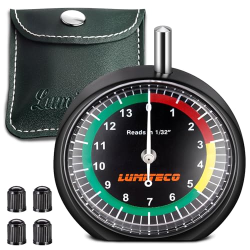 LUMITECO Tire Tread Depth Gauge, Dial Type Tire Depth Gauge Reads in 1/32' for Tread Wear, Professional Pocket Tire Gauge with Case for Truck, Motorcycle, Car and Bus Tyre in 32nds