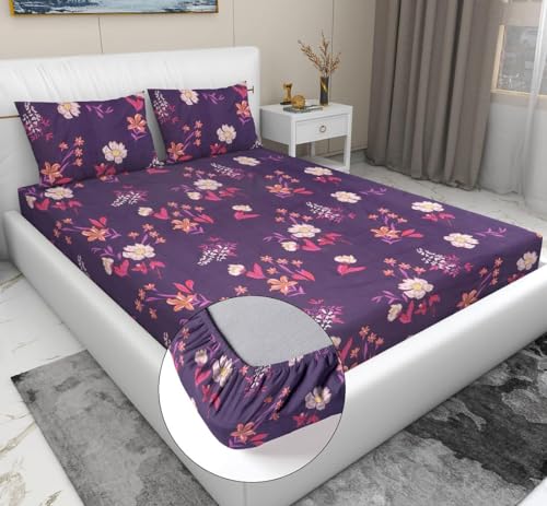 Image of RD TREND Presents Elastic Bedsheets for King Size Bed (78X72X8 Inch),Glace Cotton 210 TC with 2 Pillow Covers(18 X 28 Inch) Color- Purple White Pattern-Floral