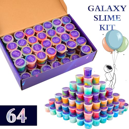 Image of 64 Pack Mini Bulk Galaxy Slime Kit Party Favors, Stretchy, Stress Relief, and Safe for Girls and Boys Classroom Reward, Easter Party Supplies,End of Year Student Gifts