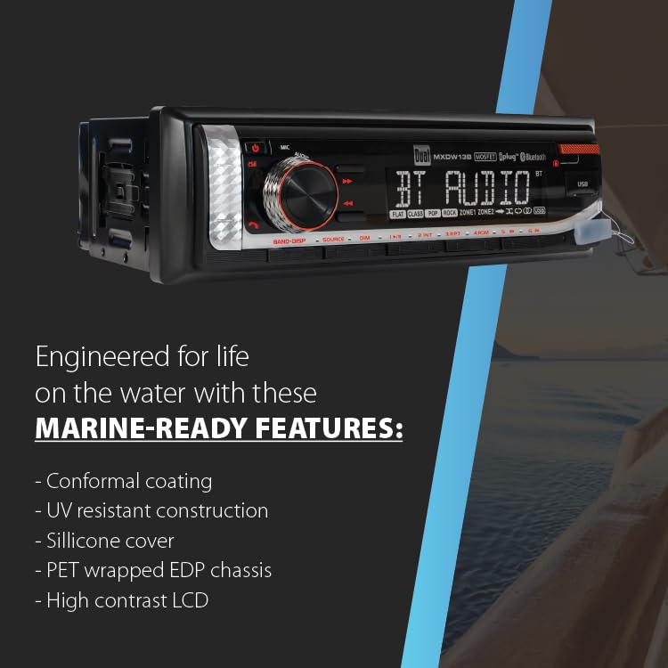 Image of Dual Electronics MXP152B Marine Stereo Bluetooth w / 6.5 inch Speakers & Antenna | Complete boat audio kit, two 6.5 inch marine speakers & antenna included, AM /FM receiver, USB with 2.1A charging, black finish
