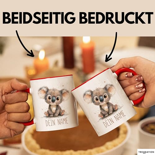 Koala Tasse mit Namen – Personalisierte Kaffeebecher Geschenk Tiermotiv süßes Motiv Becher mit Namen (Rot)