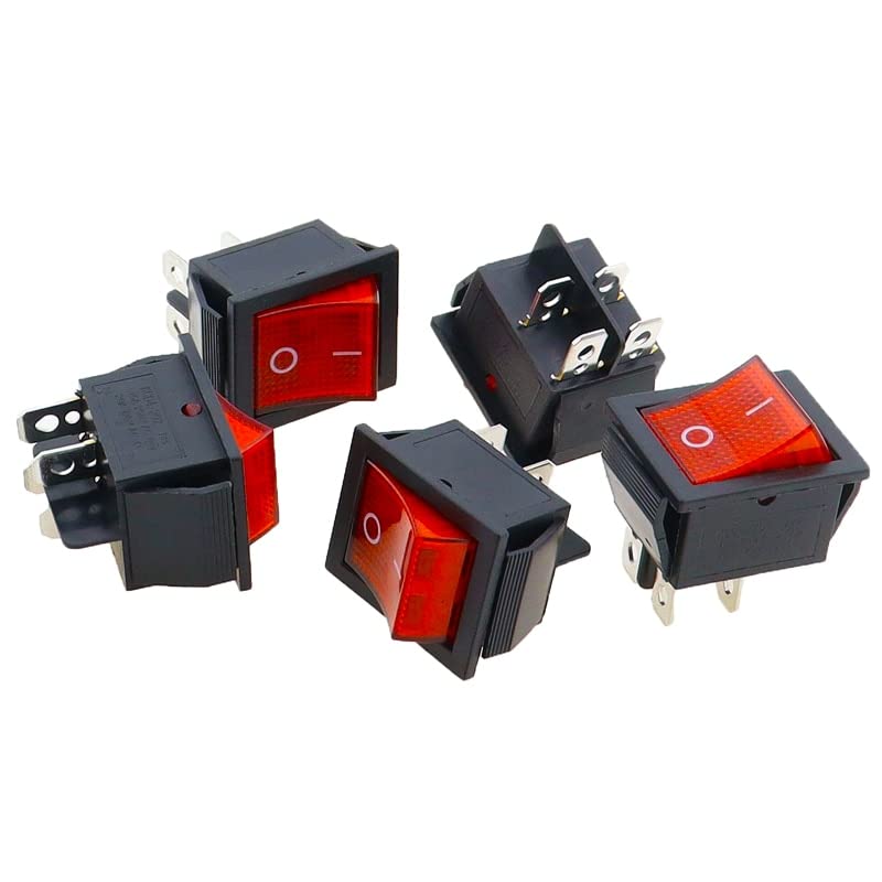KEERTAN KALP | Heavy-duty DPST 4 Pins ON/Off Switch 16A/250V 20A/125V AC | Rocker Red Switch with Indicator Lights (PACK OF 5)