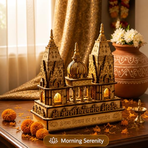 Image of VISHUFAB Wooden Kashi Vishwanath Temple Model | Handcrafted Religious Showpiece | Traditional Home & Office Decor