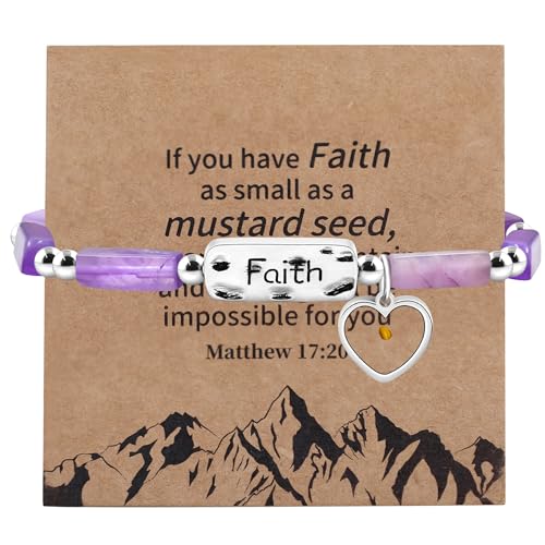 Image of Elastic Faith Bracelet for Women, Adjustable 7 inch Natural Stone Bracelet with Heart Mustard Seed Charm, Spiritual Christian Jewelry for Baptism, Graduation, Religious Celebration YA4856