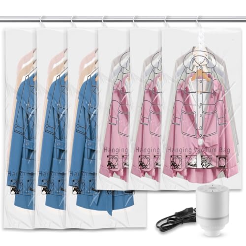 Hanging Vacuum Bags for Clothes with Wireless Vacuum Pump, Pack of 6 (3 Long 135 x 70 cm & 3 Short 110 x 70 cm), Reusable Vacuum Bags Clothing, Suitable for Travel, Daily Storage Hanging Vacuum Bags for Clothes with Wireless Vacuum Pump, Pack of 6 (3 Long 135 x 70 cm & 3 Short 110 x 70 cm), Reusable Vacuum Bags Clothing, Suitable for Travel, Daily Storage