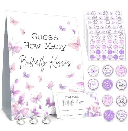 Butterfly Kisses Baby Shower Game Set - Guess How Many Kisses, 50 Cards, Standing Sign, 180 Stickers