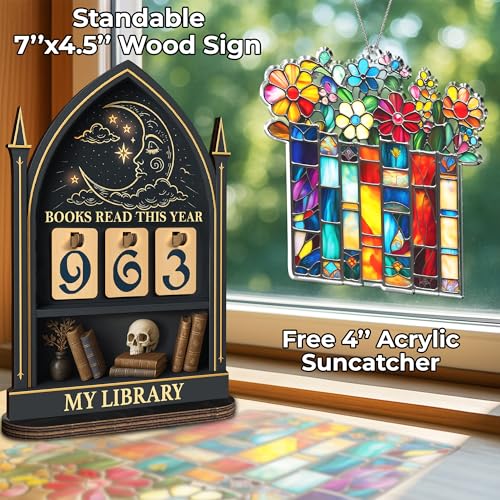Books Read This Year Counter, Fantasy Book Tracker Sign for Home Library Decor, Bookworm Gift for Women, Teachers, Writers, Gothic Readers, Bookshelf Accessories with Book Suncatcher Ornament FF815