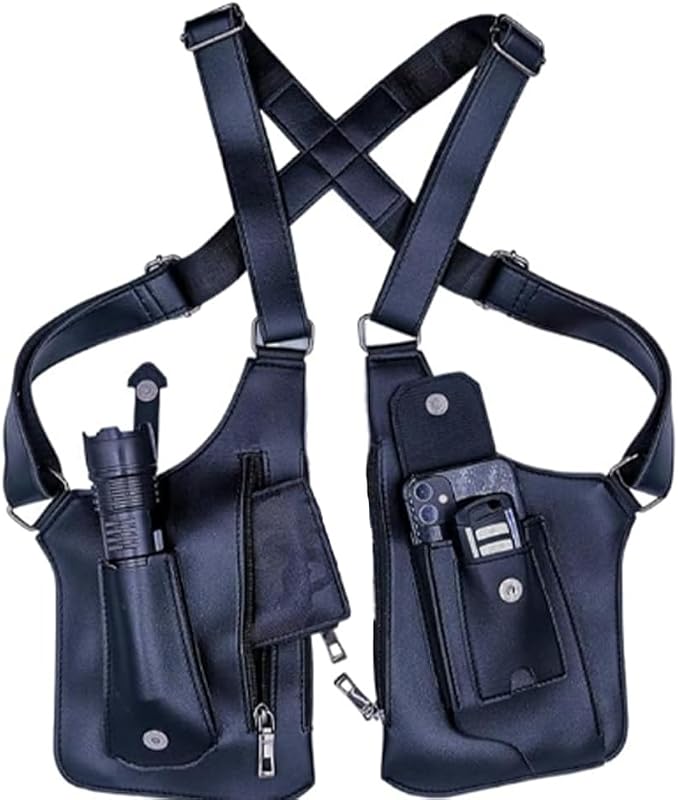 Anti-Diebstahl Unterarm-Schultertasche für Herren, Doppel-Schultertache aus PU-Leder, Verstellbares Achselholster-Design mit Mehreren Taschen, Brusttasche für Reise, Business & Outdoor (Schwarz)