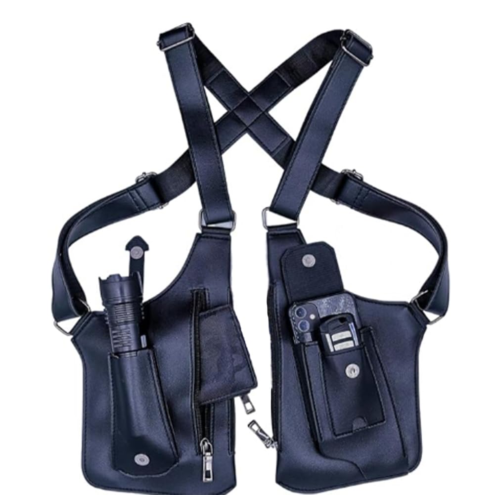 Anti-Diebstahl Unterarm-Schultertasche für Herren, Doppel-Schultertache aus PU-Leder, Verstellbares Achselholster-Design mit Mehreren Taschen, Brusttasche für Reise, Business & Outdoor (Schwarz)