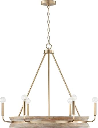 Capital Lighting 447361WS Finn Modern Farmhouse Handcrafted Mango Wood Round Chandelier, 6-Light 360 Total Watts, 27" H x 31" W, White Wash and Matte Brass