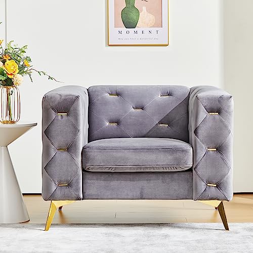 LEVNARY Velvet Reading Armchair, Modern Button Tufted Chair with Nailhead Trim, Comfy Upholstered Single Chesterfield Sofa for Living Room Bedroom Office (Gray)