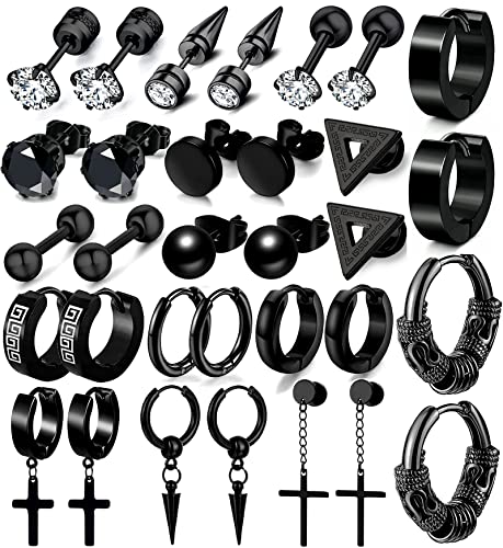 16 Pairs Men's Black Stainless Steel Earrings Set - Cross Dangle Hoop & Ear Stud Fashion Piercing Jewelry for Birthdays, Parties & More