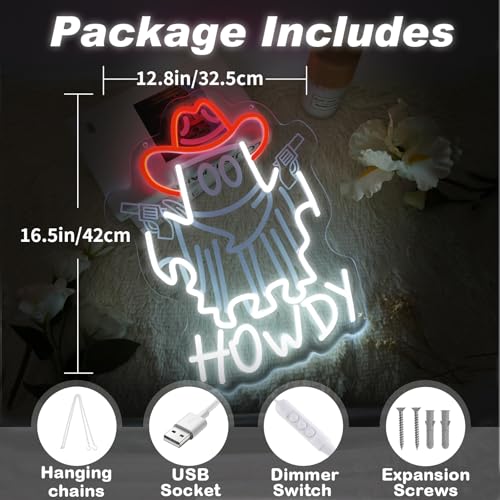 Image of Ghost Cowboy Neon Sign, Howdy Halloween Neon Lights Signs, Western Cowboy Neon Light, Cowboy Ghost Led Sign with USB Powered for Cowboy Farm, Wall Hanging Decor