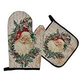 Mingnei Christmas Oven Mitts and Pot Holders Set, Merry Santa Heat Resistant Pads Kitchen Decor for Cooking Baking BBQ Grilling, Xmas Oven Glove Set, Kitchen Gifts