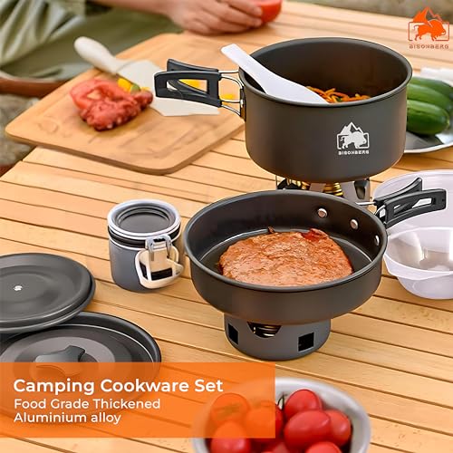 Image of BISONBERG 12 Pcs Camping Cookware Set, Mess Kit, Camping Accessories for Outdoor, Camping Utensils with Carry Bag, Camping Bowl Pot Pan Set - Nonstick Aluminum - for 4-5 People Without Kettle