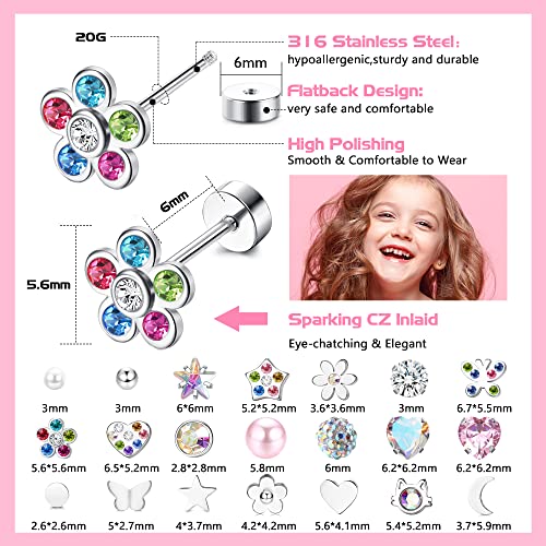 SAILIMUE 21Pairs Screw Back Stud Earrings For Women Hypoallergenic Surgical Steel Screwback Earrings Star Moon Flower Heart Butterfly CZ Tiny Cartilage Tragus Daith Helix Flat Back Earrings Piercing Jewelry 20G2