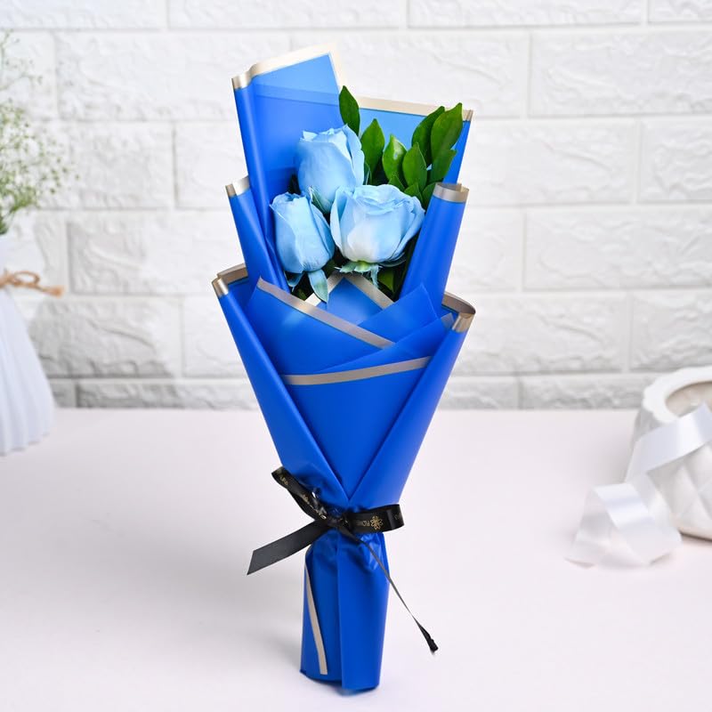 Image of FlowerAura Premium Fresh Live Flower Bouquet of 3 Blue Painted Roses In Designer Paper Gift For Birthday | Anniversary | Love | Home Decor | Fathers Day Gift For Dad (Same Day Delivery)