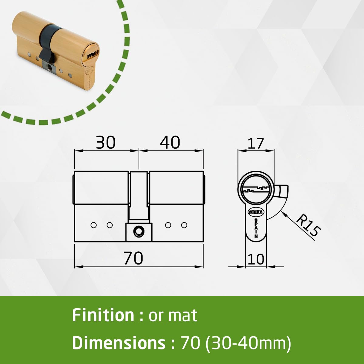 Amig - Cylindre Haute Sécurité | Système Anti-Chocs | Double Embrayage | Serrure Menuiserie Métallique | Compatible Interrupteur Extérieur, Laiton Mat, 70 mm (30-40), Métal