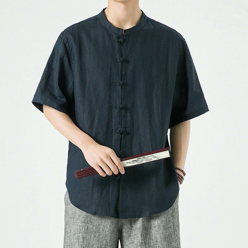 Camisa lino hombre manga corta botones de rana cuello alto traje Tang 7