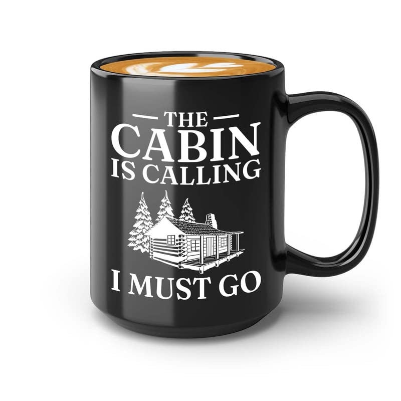 Flairy Land Hiking Coffee Mug 15oz Black - The Cabin Is Calling I Must Go - Hiker Camping Campers Adventurer Outdoor Travel Tent Nature Lover Funny Campfire Climber