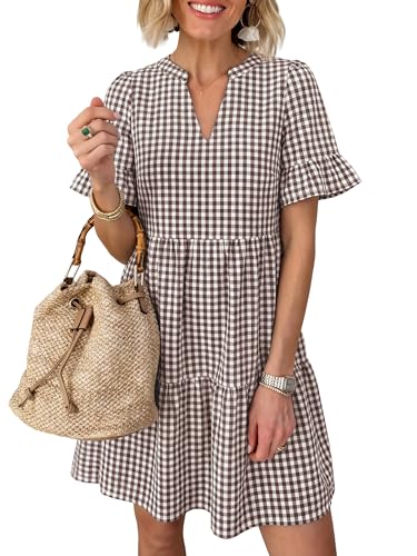 Image of Caracilia Dresses for Women Summer 2026 Striped V Neck Ruffle Sleeve A Line Tiered Flowy Casual Mini Beach Dress with Pockets