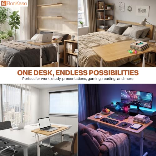 Image of BonKaso Height Adjustable Laptop Table with Wheels, Portable Rolling Computer Desk, Wooden Top, Lockable Casters, Mild Steel Frame, Multipurpose Bed Sofa Study Work Table for Home Office - Walnut