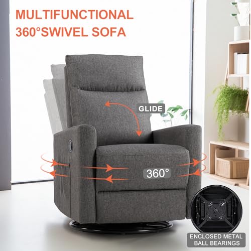 Swivel Recliner Chair, Rocking Chair Nursery, Glider Rocker Recliner, Nursery Chair with Extra Large Footrest for Living Room, High Back, Upholstered Deep Seat (Deep Gray)