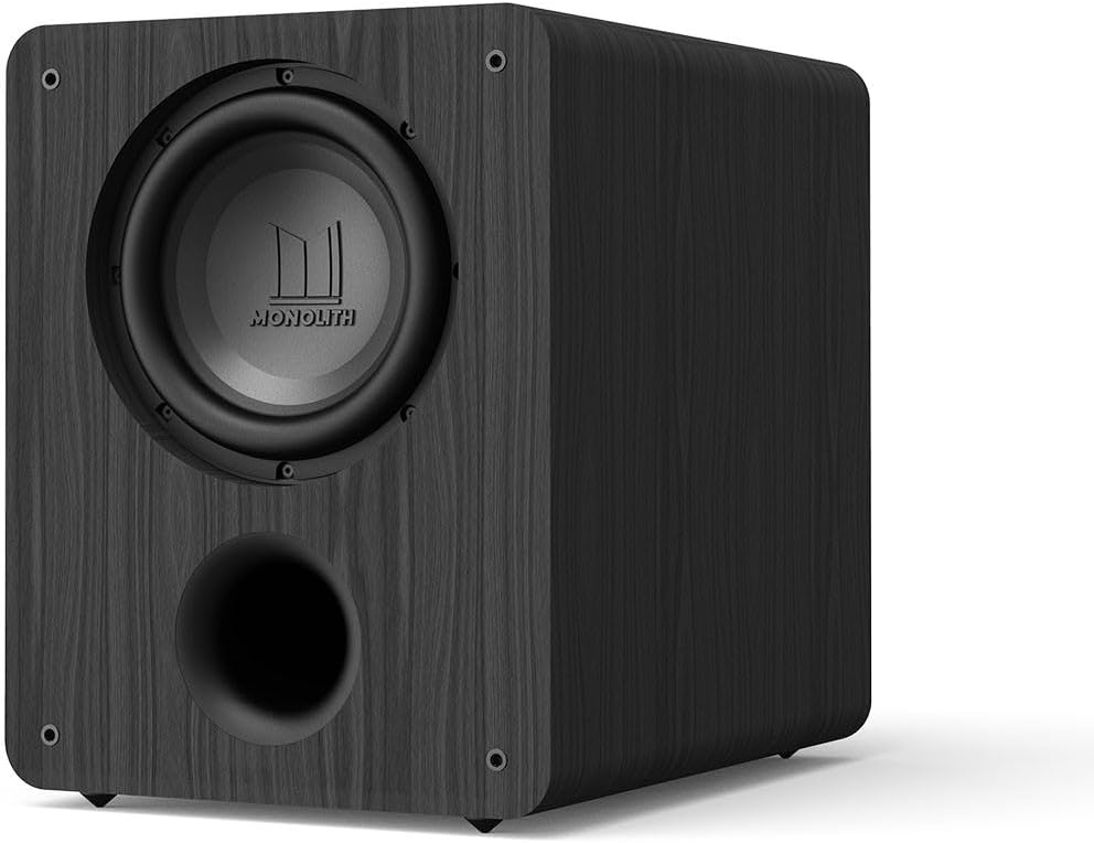 Monolith M-10 V2 10-Inch THX Certified Ultra 500 Watt Powered Subwoofer - Low Distortion, High Power Output, Vented HDF Cabinet, RCA and XLR Inputs, For Home Theater Systems, Black Ash Finish - Image 1 of 6