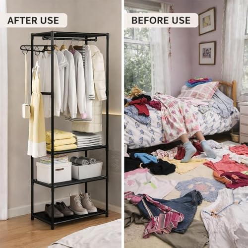 Image of Metal Multifunctional Heavy-Duty Quality Garment Stand Cloth Rack Freestanding Storage with Bottom Shelves Adjustable Single Solid Stainless Steel Spider (Pole Rack Black, 3 TIER)
