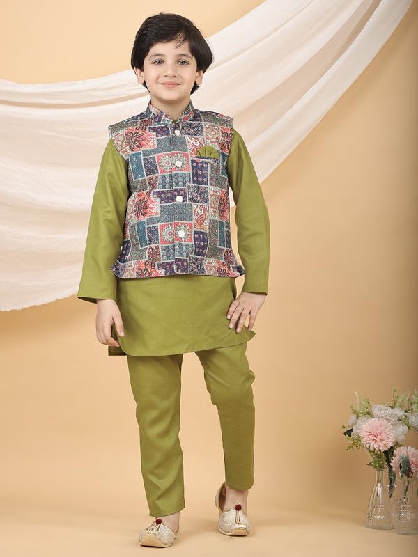 Image of superminis Boys Cotton Printed Full Sleeves Kurta Pyjama with Jacket Ethnic Wear Set