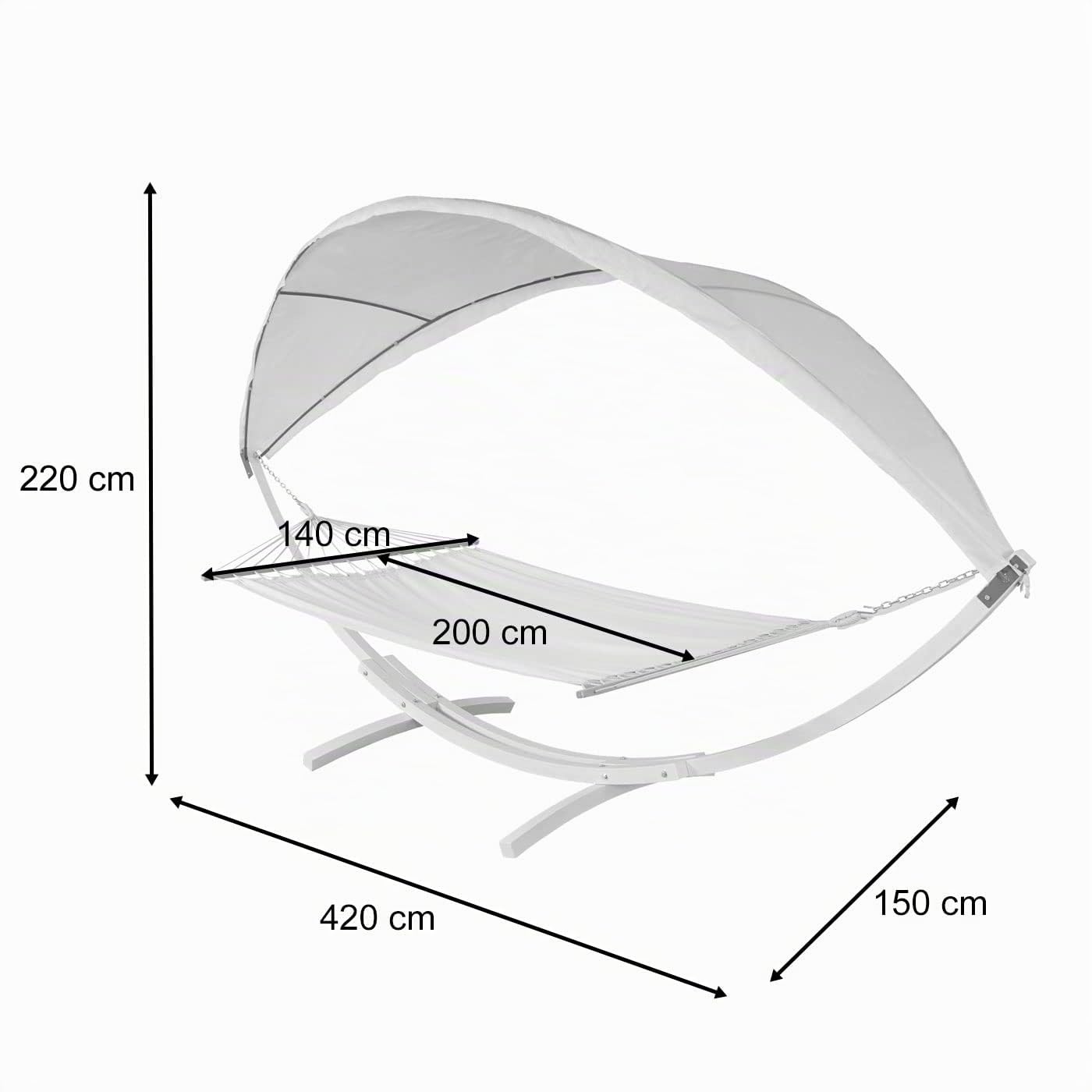 Amaca 2 posti con struttura in legno e parasole HWC-J47 regolabile 420cm - bianco telo avorio