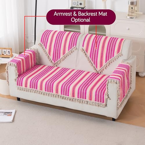 Image of HOKIPO 'Artisan Boho Series' 2 Seater Sofa Cover Mat | 450 GSM Cotton Acrylic Jacquard with Tassel, Fuchsia Pink (IN-902-A5*S)
